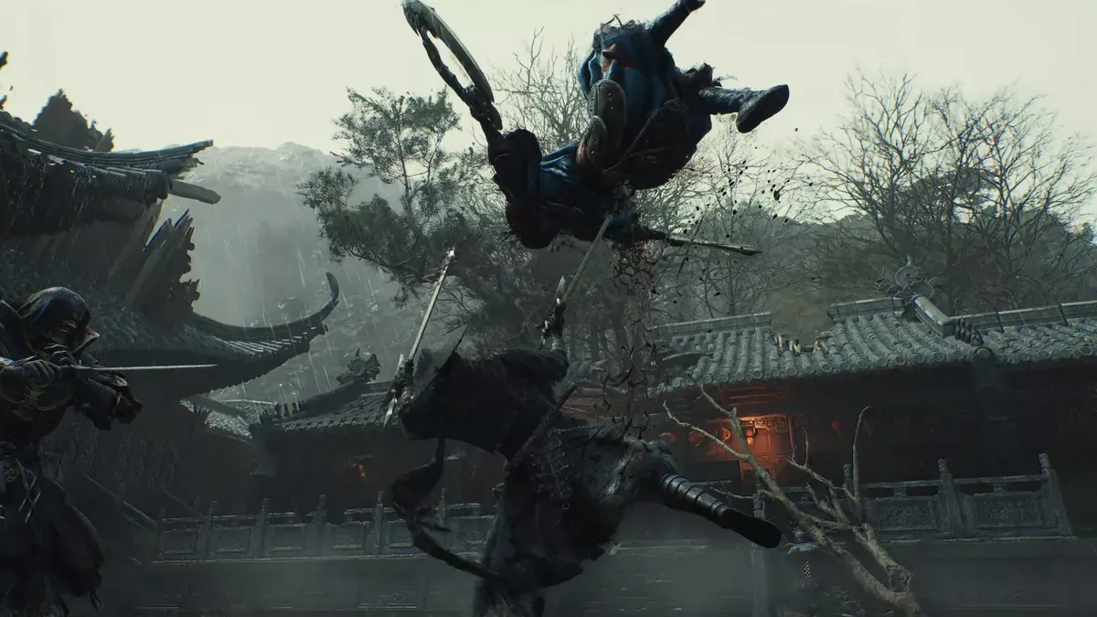 Soul mid-air switching between dual weapons during a rooftop skirmish in Phantom Blade Zero