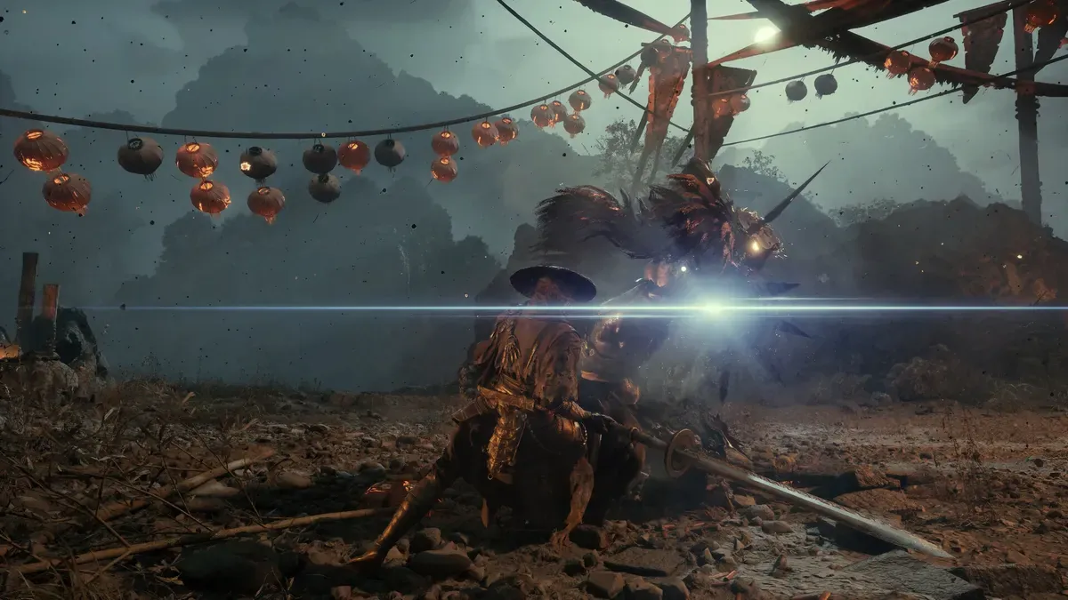 Lantern strings hanging over a Pangzhen street fight in Phantom Blade Zero